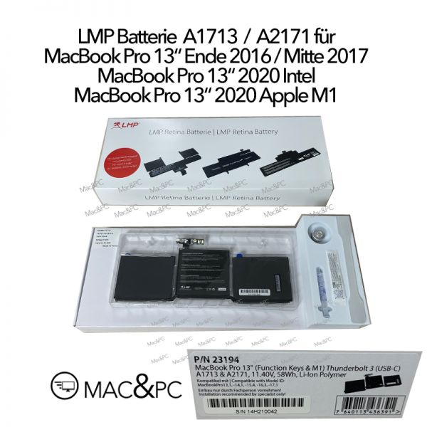 LMP Batterie MacBook Pro 13", TB3 (USB-C) A1713 für A1707 A2159 A2338 mit/ohne Einbau