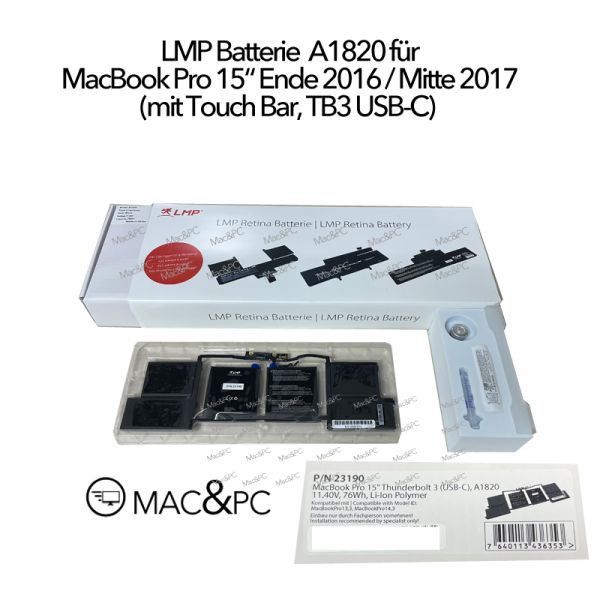 LMP Batterie MacBook Pro 15", TB3 (USB-C), 10/16 – 7/18, A1820 für A1707 mit/ohne Einbau