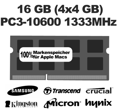 16GB (4x4GB) Kit PC3-10600 1333MHz Arbeitsspeicher Mac SO-DIMM